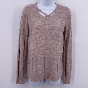 Maurices Sz S Sweater Tan Open Knit Lightweight V Neck Long Sleeve Rayon Acrylic